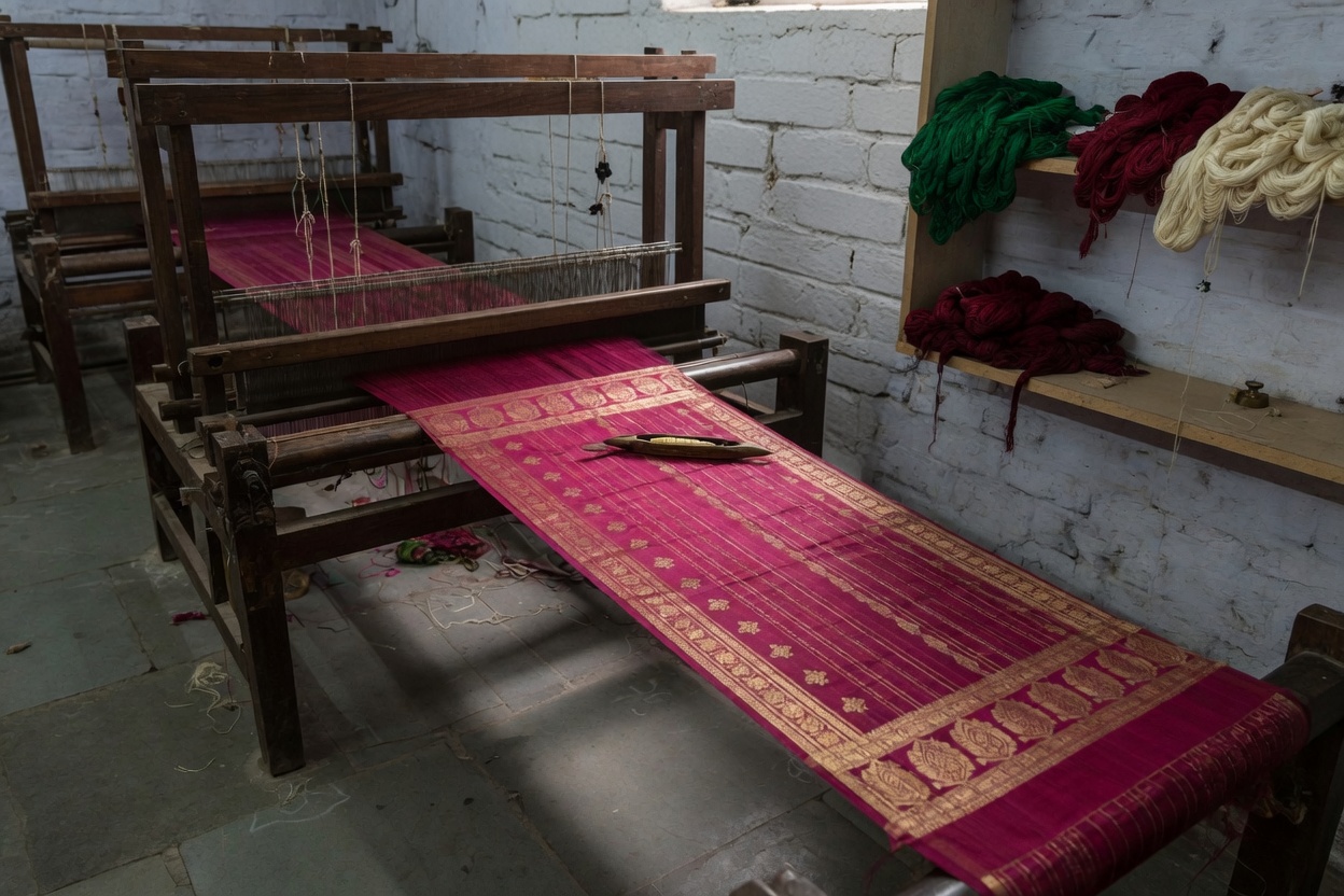 A handloom in the atelier, with magenta silk in progress