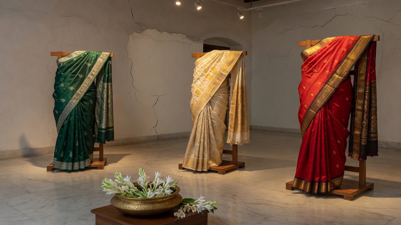 Three silk sarees presented in a quiet gallery