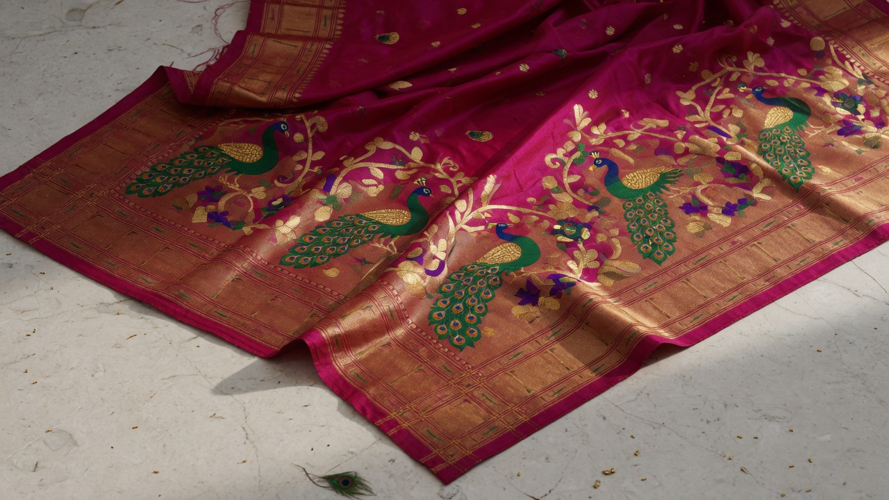 Yeola Paithani pallu with peacock motifs in magenta, emerald and gold